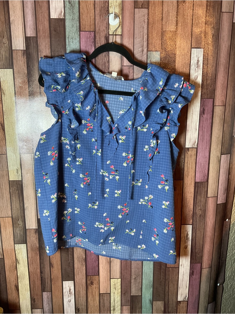 Blue Floral Ruffled Collar And Sleeves Blouse By LOFT  Women’s Size Large